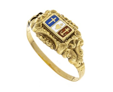 Symbol-Ring um 1840 ''Liebe, Glaube, Hoffnung'' GG 585/000 ungest., gepr., mit roter, blauer und weißer Emaille, Ringkopf mit