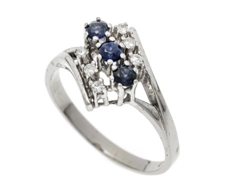 Saphir-Diamant-Ring WG 585/000 mit 3 rund fac. Saphiren 3 mm, Dunkelblau, transluzent und 6 Achtkant-Diamanten, zus. 0,10 ct 