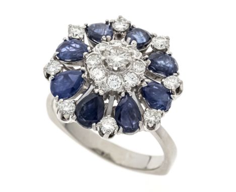 Saphir-Brillant-Ring WG 585/000 mit 8 fac. Saphir-Tropfen in einem dunkleren Blau, transluzent, 4 x 5,8 mm und 17 Brillanten,