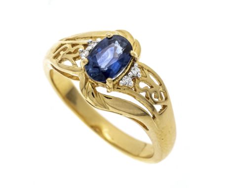 Saphir-Brillant-Ring GG 750/000 mit einem oval fac. Saphir 0,94 ct in einem intensivesn Blau, transluzent, 7 x 5 mm  und 4 Br