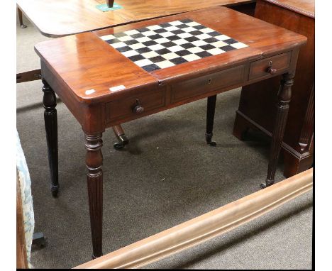 An Early 19th Century Mahogany and Ebony-Strung Games Table, the sliding leaf with a later painted chess board to the undersi