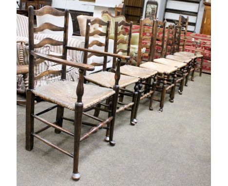 A Set of Five Early 20th Century Lancashire Ladder Back Dining Chairs, Including one carver, together with a further set of t