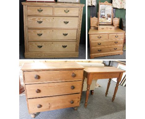 A Group of Pine &amp; Oak Bedroom Furniture, a pine four height chest of drawers, the rectangular top over a bank of five dra