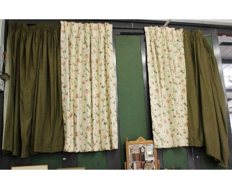A Pair of Curtains, cream ground with silk needlework crysanthemums, 207cm drop, together with another pair of similar size