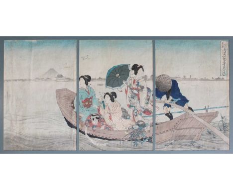 Japanese School, Meiji Period A boating scene bijinWood block print, three framed as one, 34cm by 23cm; together with three f
