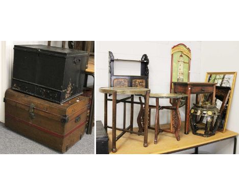 A Group of Furniture, including a George III tin trunk, a later tolewear trunk, two brass topped folding tables, a pitch pine