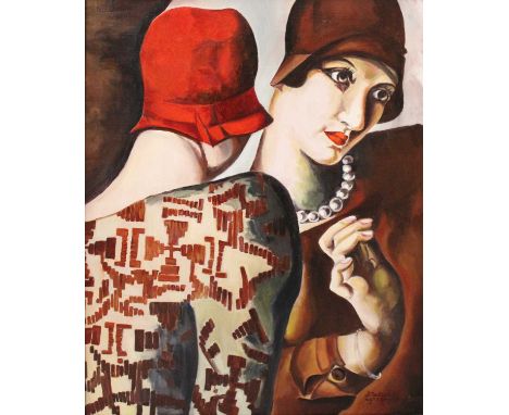 After Tamara de Lempicka (1898-1980) Polish Two elegant ladies in caps Signed and indistnctly dated, oil on canvas, together 