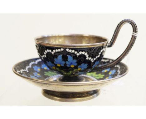 Vintage Russian enamel on silver cup &amp; saucer blue blossom decoration to footed cup, and saucer, hallmarked to base of sa