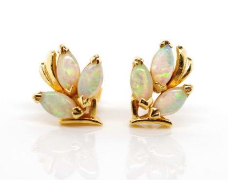 Opal set 14ct yellow gold stud earrings marked 585 to one butterfly back, the other one is missing. Approx 2.5 grams weight