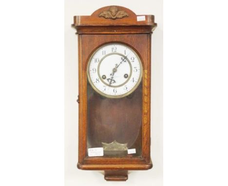 Vintage Seikosha Japan wood cased wall clock wood cased, decoration to pediment, key and pendulum available, (height 46cm app