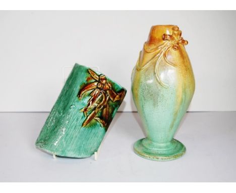 Two vintage Australian Pottery vases including green glaze wall vase, applied gum leaf decoration, inscribed signature M. Wis