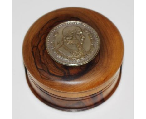Vintage lidded wood trinket box with silver medallion set to lid, (diameter 7cm approx).