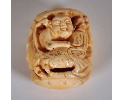 Vintage carved ivory netsuke of man & fish 5cm high approx., C:1930, NB. This item cannot be exported.