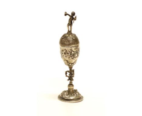 Miniature continental silver lidded urn with cherub finial, no silver marks, surface tests silver, 11.5cm high &amp; 46g appr