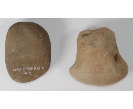 Two Lake Eyre Basin aboriginal stone tools comprising of an adze (9.5cm x 7cm approx) and a pounder (8.5cm x 9cm approx)