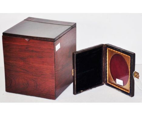 Antique timber tea caddy box 12cm x 12cm. 13cm high approx. together with an antique leather folding photo frame