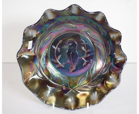 Good amethyst carnival glass Kingfisher bowl master bowl, embossed decoration of leaves, with Kingfisher to centre, marked Rd