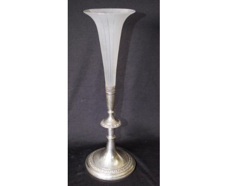 Vintage silver plate epergne with 1 white glass trumpet, in footed base, (height 39cm approx, total).