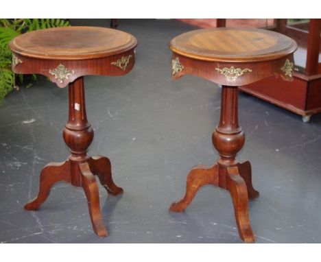 Two French style lamp tables with ormolu mounts, 42cm diameter, 64cm high approx