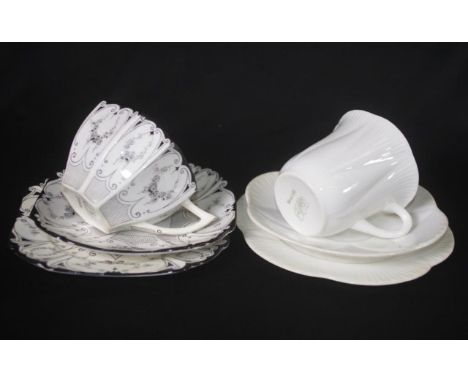 Vintage Shelley queen Anne trio black and white decoration, marked # 11504 and Reg No 723404; and a Shelley Dainty white trio