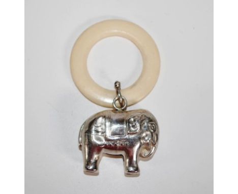 Victorian sterling silver child's teething ring Chester 1894, maker William Henry Christie, sterling silver elephant figure, 