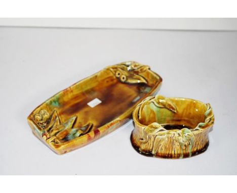 Two vintage Australian Pottery dishes including brown glaze, octagonal serving dish, gumnut and leaf applied decoration, insc