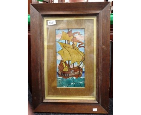 Vintage framed ceramic tile depicting an early Clipper ship at sea, in original oak frame,(28cm X 14cm approx, tile).