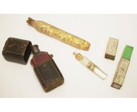 Three various vintage perfume bottles including leather cased, crystal glass bottle, metal cap, internal glass stopper, (heig