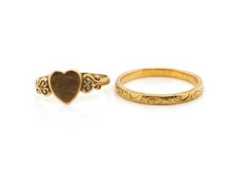 Two yellow gold rings includes a 10k gold signet and 18ct gold wedder. Approx weight 0.7 grams and 1.9grams, ring size H &amp