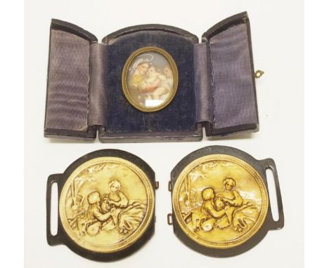 Antique leather cased portrait miniature oval portrait miniature of Mother and Children, n brass frame, inset to leather case