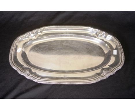Vintage French silver meat platter embossed decorative rim, oval shape, monogrammed, hallmark verso, (width 42cm approx; weig