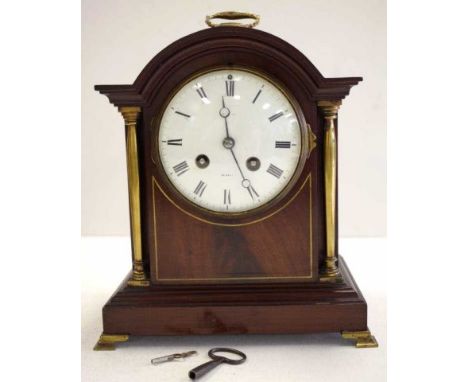 Antique French Fabrique de Paris bracket clock with 8 day striking movement and enamel dial, key and pendulum included, 26cm 