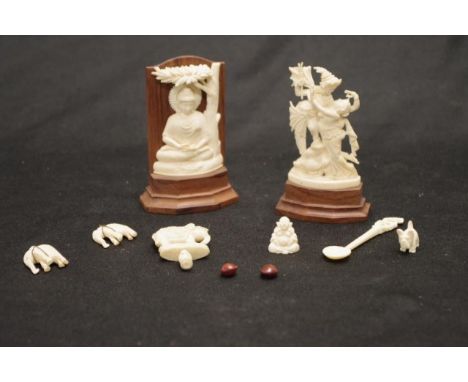 Quantity of vintage Indian ivory carved figures including Krishna &amp; Radha, 9cm high (tallest) approx., NB. These items ca