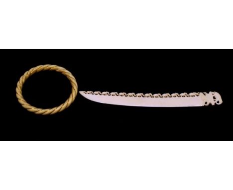 Carved ivory letter opener elephant form finial, (length 17cm approx); together with a bangle. NB These items may not be expo