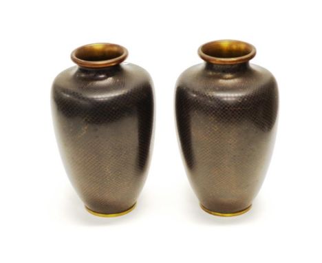 Pair Chinese cloisonne vases enamel, on black ground, (height 21cm approx, each).