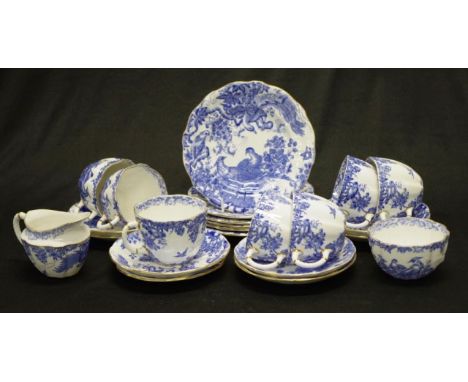 Part Royal Crown Derby teaset Blue Aves pattern, comprising 7 cups &amp; saucers, 6 side plates &amp; 1 small plate, sugar &a