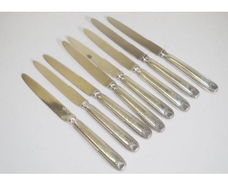 Set eight vintage French silver handle tea knives marked for Inox, each silver handle with monogramme, (length 20cm approx, e