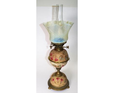 Victorian Hinks &amp; Son ceramic  banquet lamp both brass duplex burner and base marked for Hinks &amp; Son, (# 1248 to base