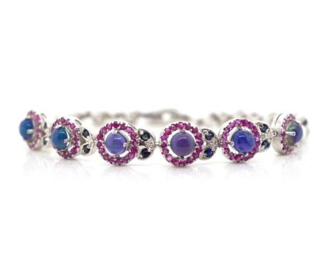 Black opal, ruby and sapphire set silver bracelet marked 925 approx 19cm length