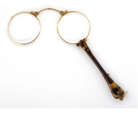 Vintage pair plated lorgnettes nose piece with origin mark, (illegible), faux tortoiseshell handle, in fitted case.