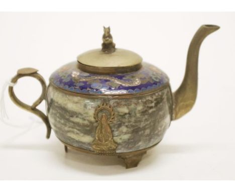 Small old Tibetian green stone &amp; metal teapot with blue enamel shoulders