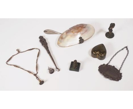 Collection of various vintage collectable items to include a shell purse, 2 seals and a fob chain, a sterling silver buttonho