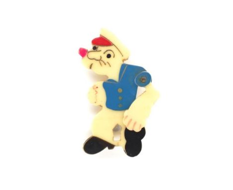 Vintage plastic Popeye brooch with movable arm, (height 5cm approx).