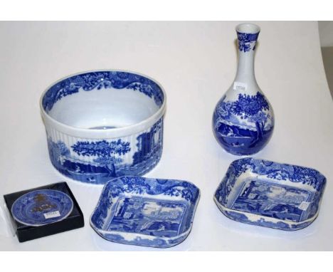 Four Spode 'Italian' tableware pieces including pair vintage dishes, (1 with rim chip), (13cm square approx, each); posy vase