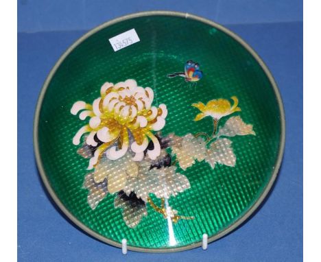 Vintage Japanese cloisonne dish blossom and butterfly decorated, on green ground, (diameter 18.5cm approx).