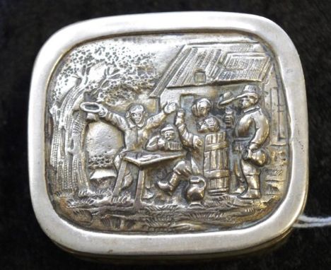 Antique German silver snuff box with chased figural drinking scene to lid &amp; floral decoration to sides, gilt interior, ba