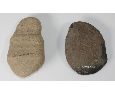 Two NSW coastal aboriginal stone artefacts with origin written on, comprising of an adze WINDANG (11cm high approx) and a pou