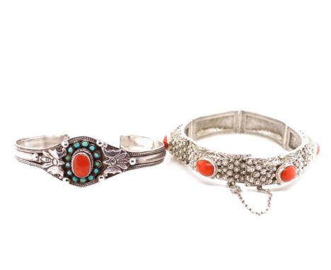 A gemstone set silver bangle and bracelet the Tibetan bangle is set with carnelian and turquoise and the filigree bracelet is