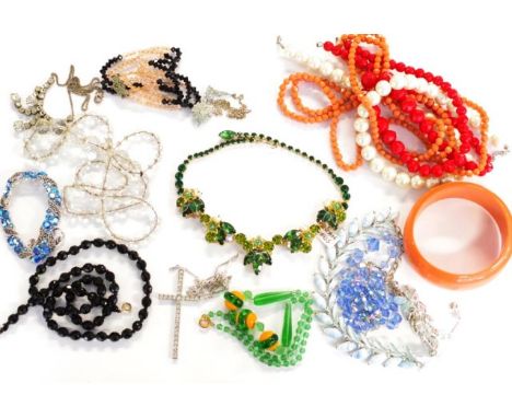 A group of costume jewellery necklaces includes a vintage Weiss piece, as well as a bangle