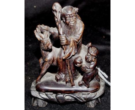 Vintage Chinese hardstone figure group of a sage &amp; deer on a carved timber base, 13cm high (including base) approx.